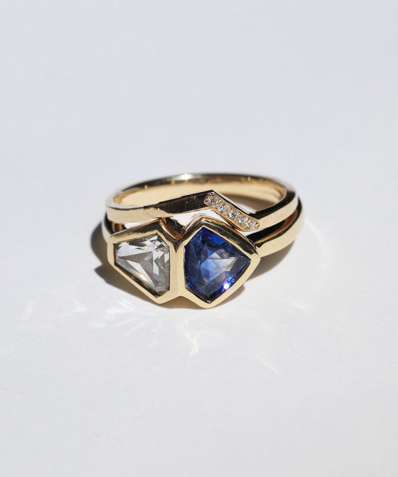 Dual Ring White Diamond Sapphire, 14k Yellow Gold, Brooklyn New York 11222