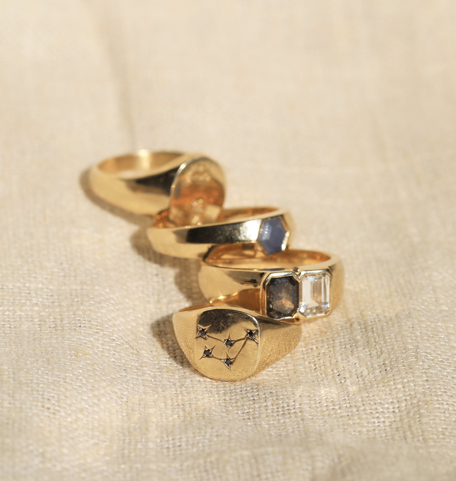 Mens gold signet rings gemstones, custom made by Macha Brooklyn NYC