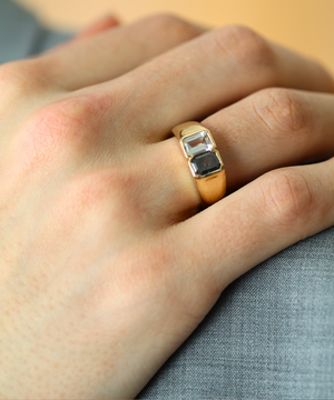 Dual Signet Ring with Salt & Pepper Diamond and Sapphire