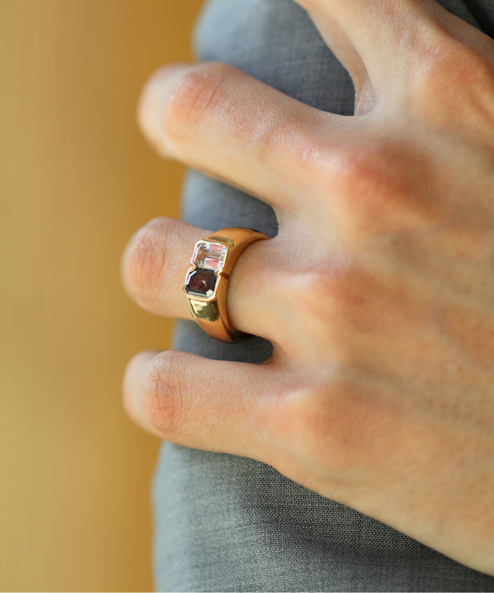 Dual Signet Ring with Salt & Pepper Diamond and Sapphire