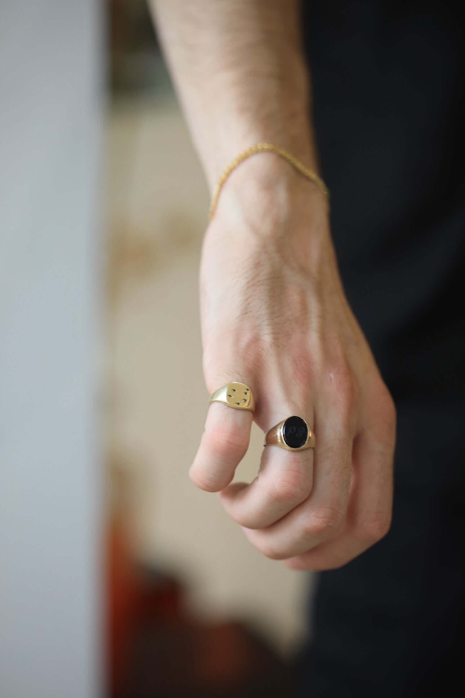 Libra black diamond constellation signet ring 14k yellow gold handcrafted macha studio brooklyn new york