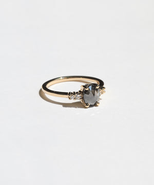 14k Yellow Gold Salt and Pepper Oval Cut Diamond with cushion cut White Diamond side stones prong setting made in Greenpoint Brooklyn New York City 