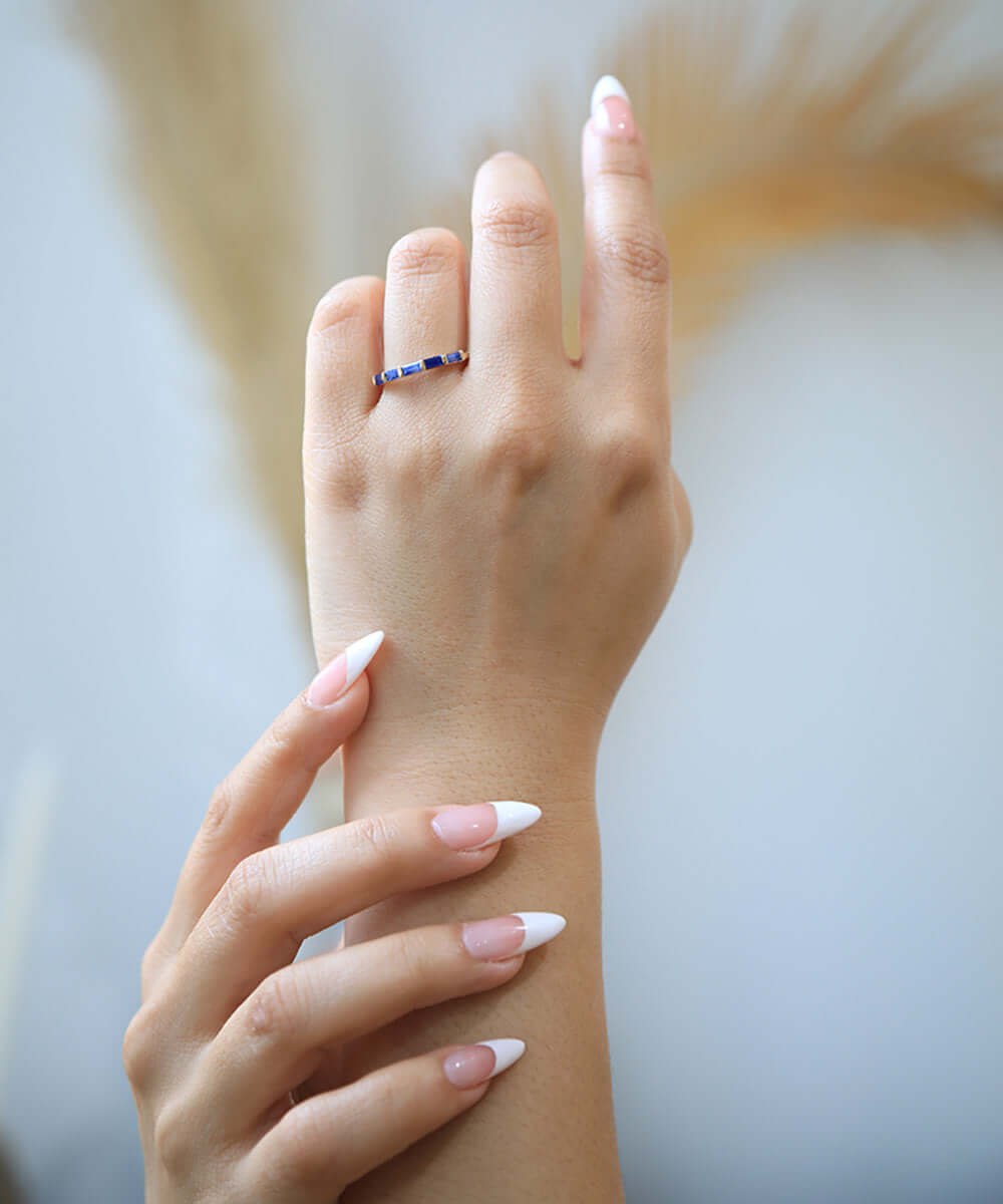 minimalist blue natural stone diamond sapphire y2k alternative wedding band unisex gender neutral stacking ring engagement greenpoint nyc New York