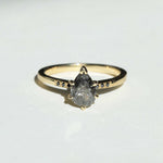 Salt and Pepper Pear shaped Diamond with Black Diamonds set in a prong setting in 14k Yellow Gold made in Greenpoint Brooklyn New York City