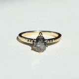 Salt and Pepper Pear shaped Diamond with Black Diamonds set in a prong setting in 14k Yellow Gold made in Greenpoint Brooklyn New York City