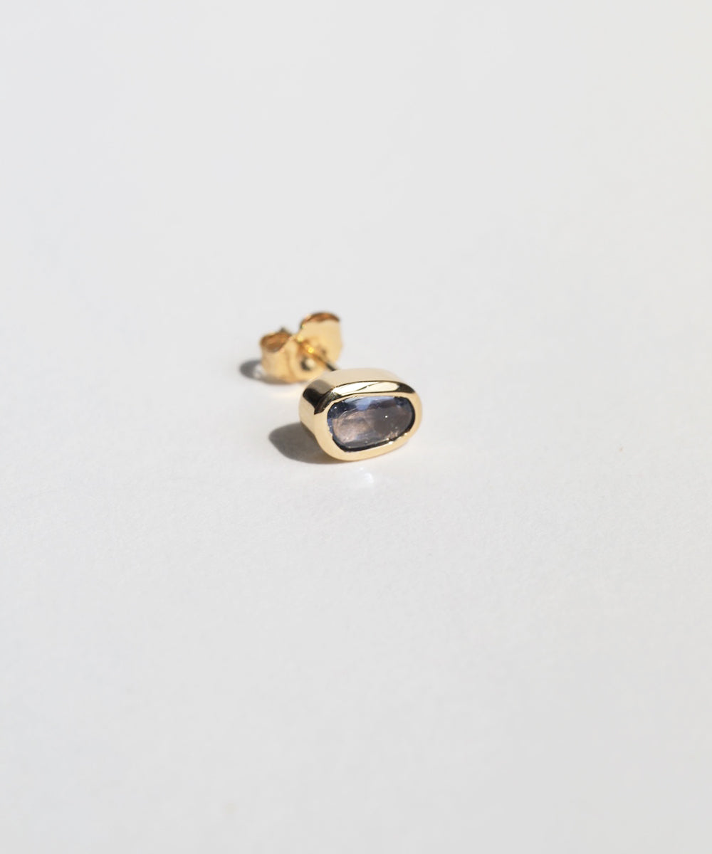 Blue Sapphire small single earring in 14k Yellow Gold Fine Jewelry made in Greenpoint Brooklyn NYC