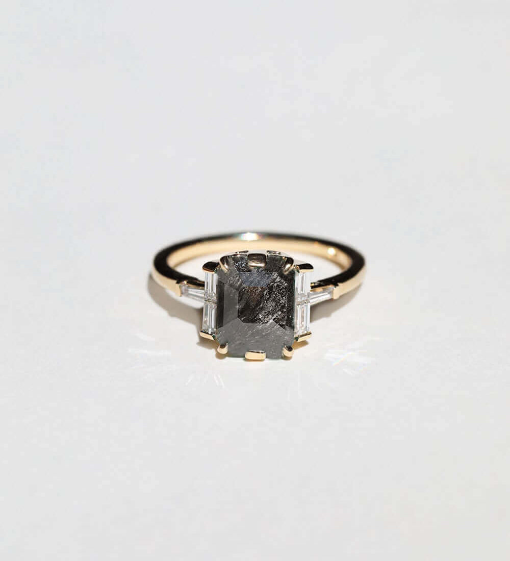 step cut salt and pepper diamond ring 14k yellow gold white diamond custom NYC Brooklyn necklace NYC fine jewelry brooklyn NY New York jeweler sustainable ethical greenpoint engagement Earrings