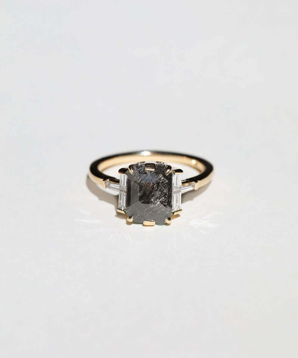 step cut salt and pepper diamond ring 14k yellow gold white diamond custom NYC Brooklyn necklace NYC fine jewelry brooklyn NY New York jeweler sustainable ethical greenpoint engagement Earrings
