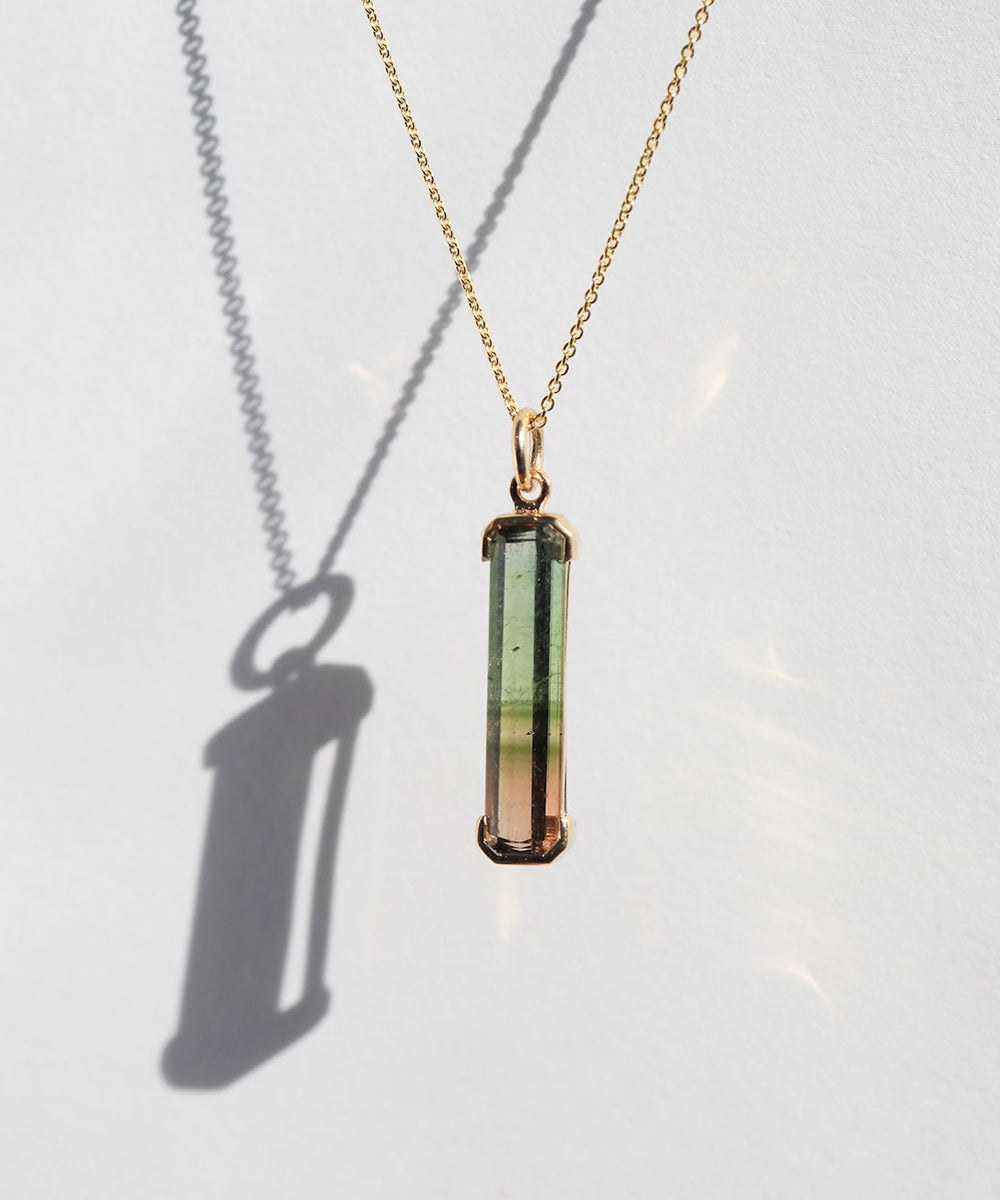 natural green orange tourmaline recycled 14k yellow gold modified bezel setting 14k yellow gold chain Greenpoint Brooklyn New York City 11222