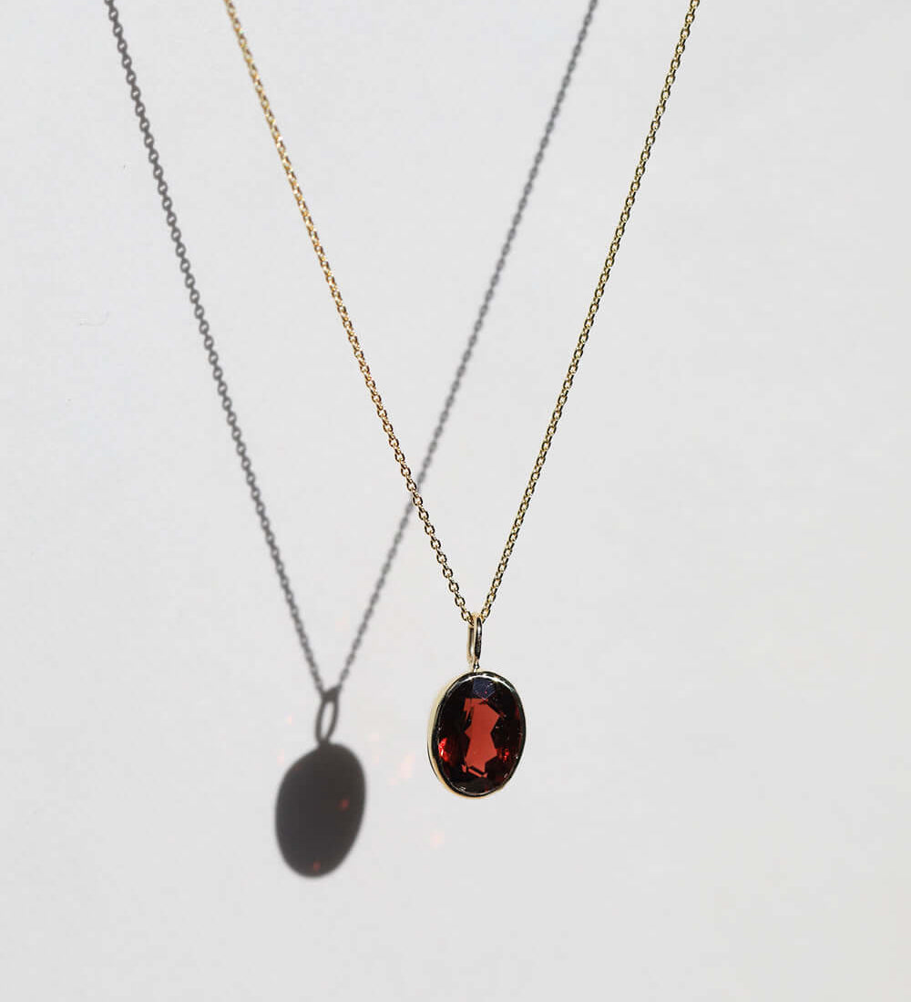 Garnet Oval Necklace 14k gold NYC fine jewelry brooklyn NY New York jeweler sustainable ethical greenpoint engagement