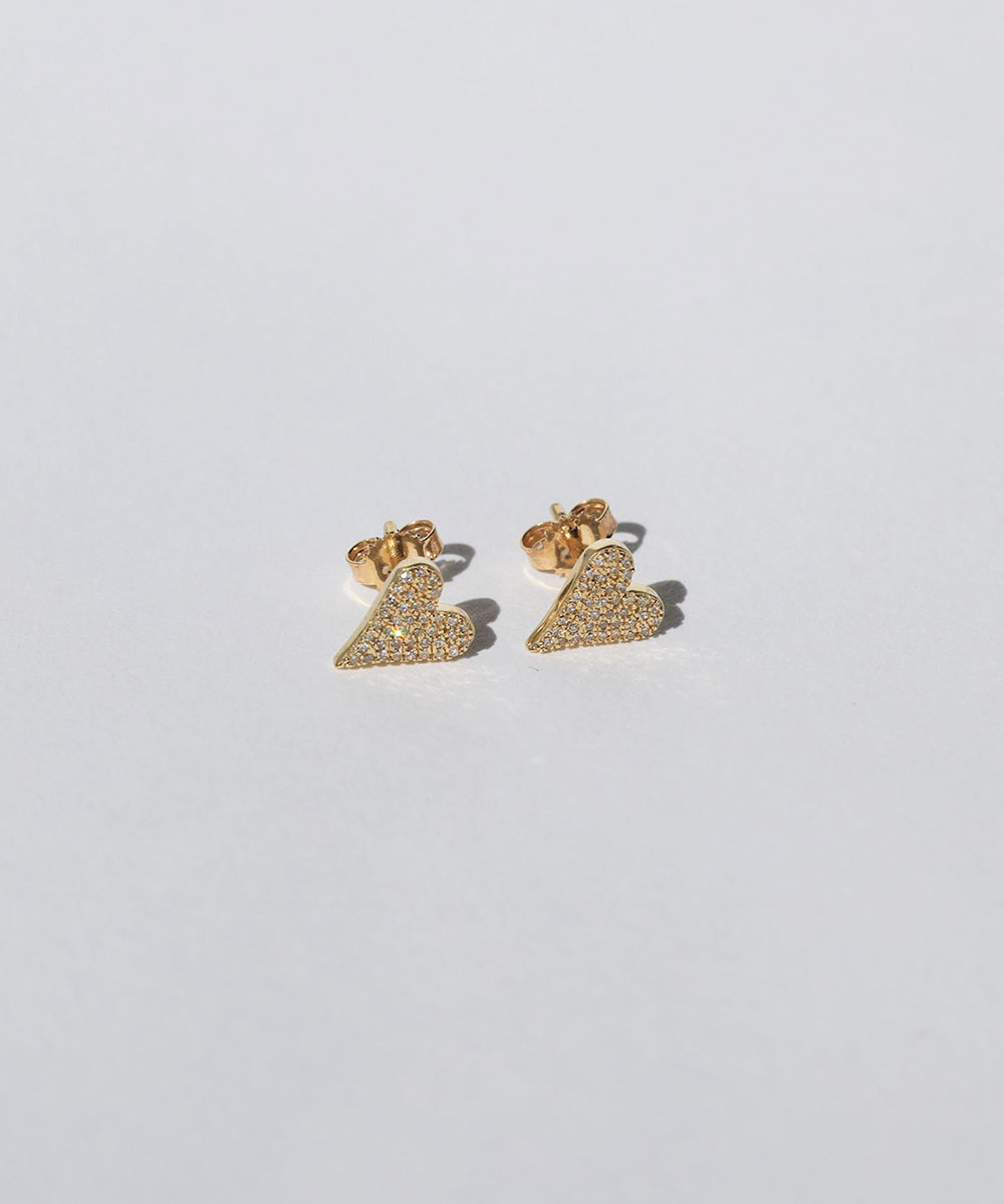 heart white diamond stud earrings set in 14k yellow gold Brooklyn New York 