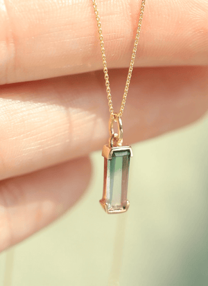 Emerald Cut Watermelon Tourmaline pendent NYC fine jewelry brooklyn NY New York jeweler sustainable ethical greenpoint engagement