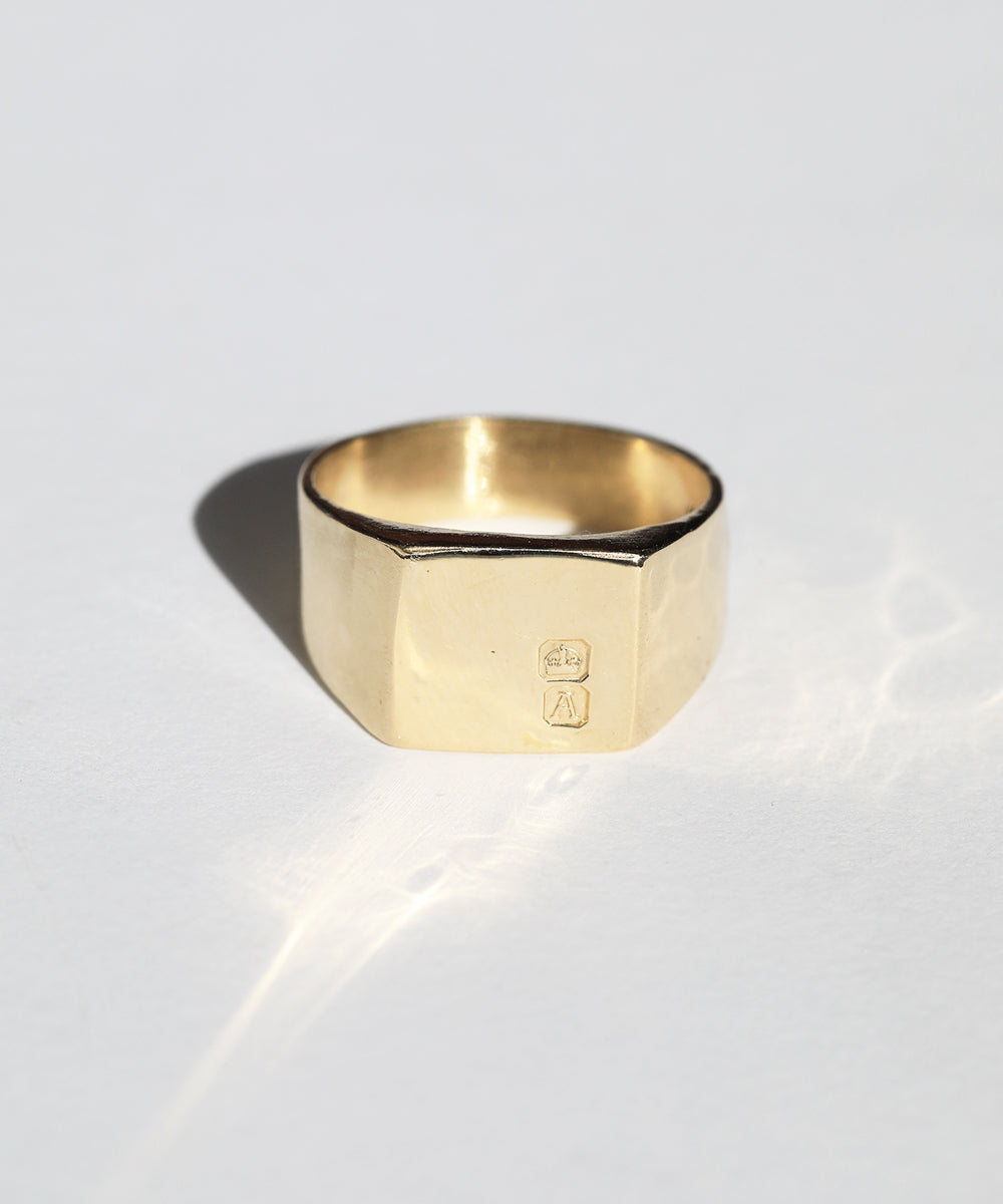 large 14k yellow gold signet ring featuring British hallmarks and date letter 'w' handcrafted macha studio brooklyn new york