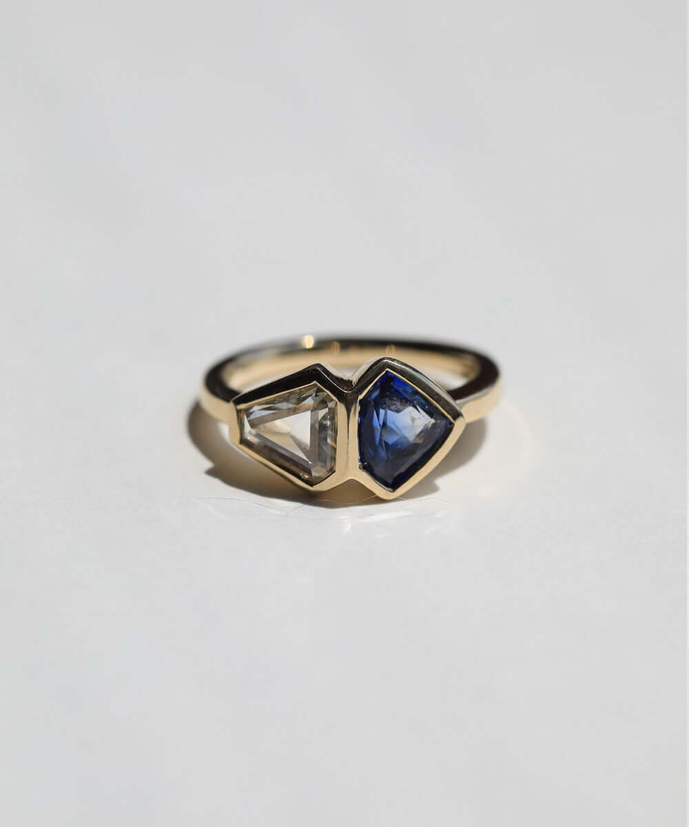 white diamond sapphire 14k gold bezel engagement ring one of a kind