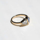 white diamond sapphire 14k gold bezel engagement ring one of a kind
