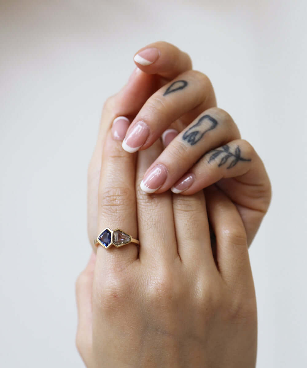 white diamond sapphire 14k gold bezel engagement ring one of a kind