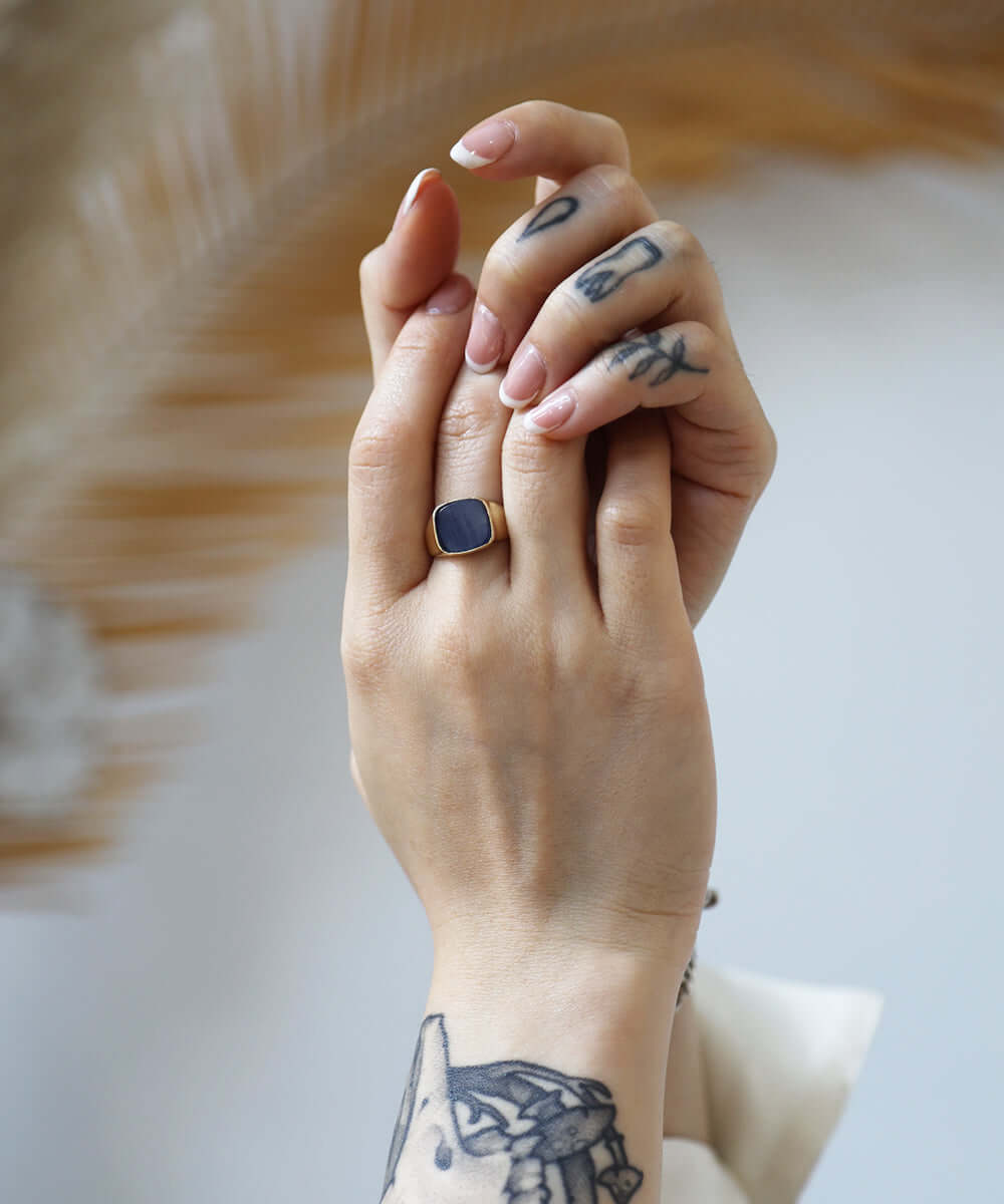 Unisex Sapphire signet ring, wedding bands by Macha Studio, Brooklyn NYC