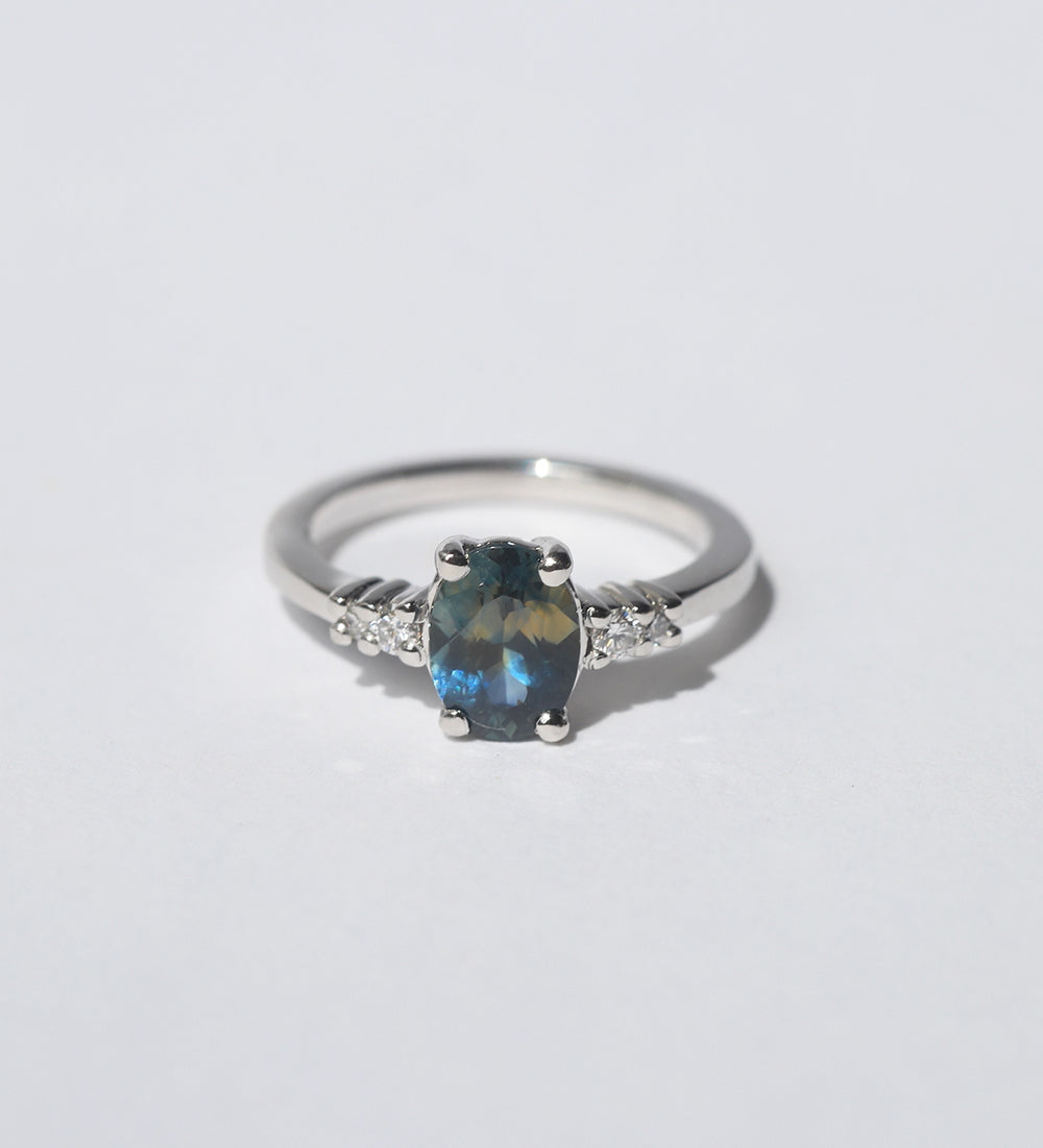 Platinum engagement ring with a blue sapphire  made in Brooklyn NYC by Macha Studio
