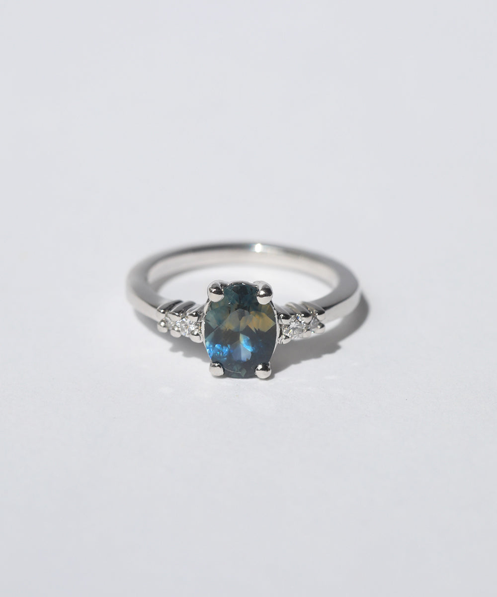 Platinum engagement ring with a blue sapphire  made in Brooklyn NYC by Macha Studio