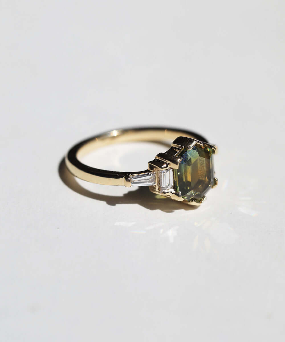 Montana Sapphire Yellow Gold White Diamonds NYC fine jewelry brooklyn NY New York jeweler sustainable ethical greenpoint engagement
