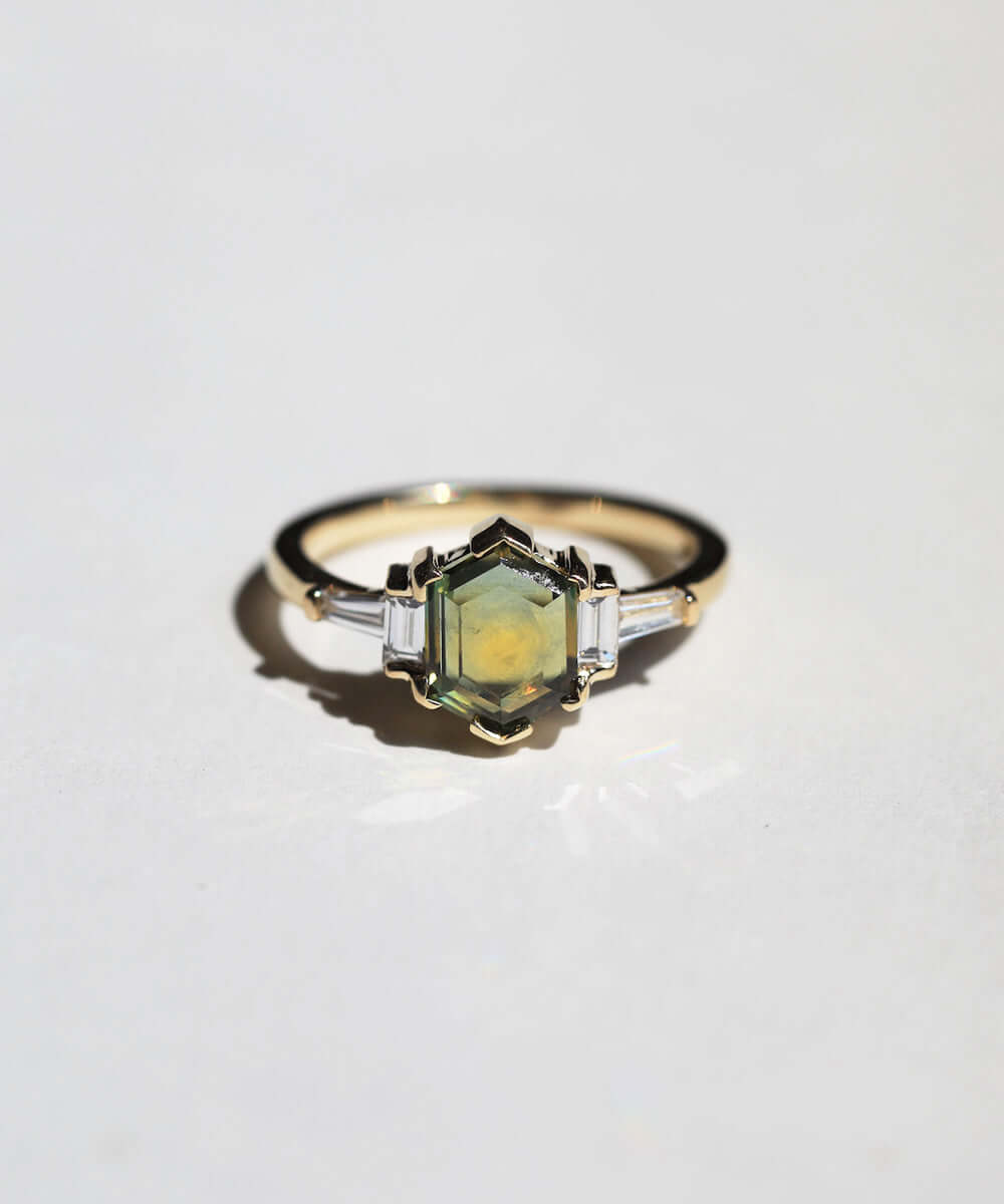 Montana Sapphire Yellow Gold White Diamonds NYC fine jewelry brooklyn NY New York jeweler sustainable ethical greenpoint engagement