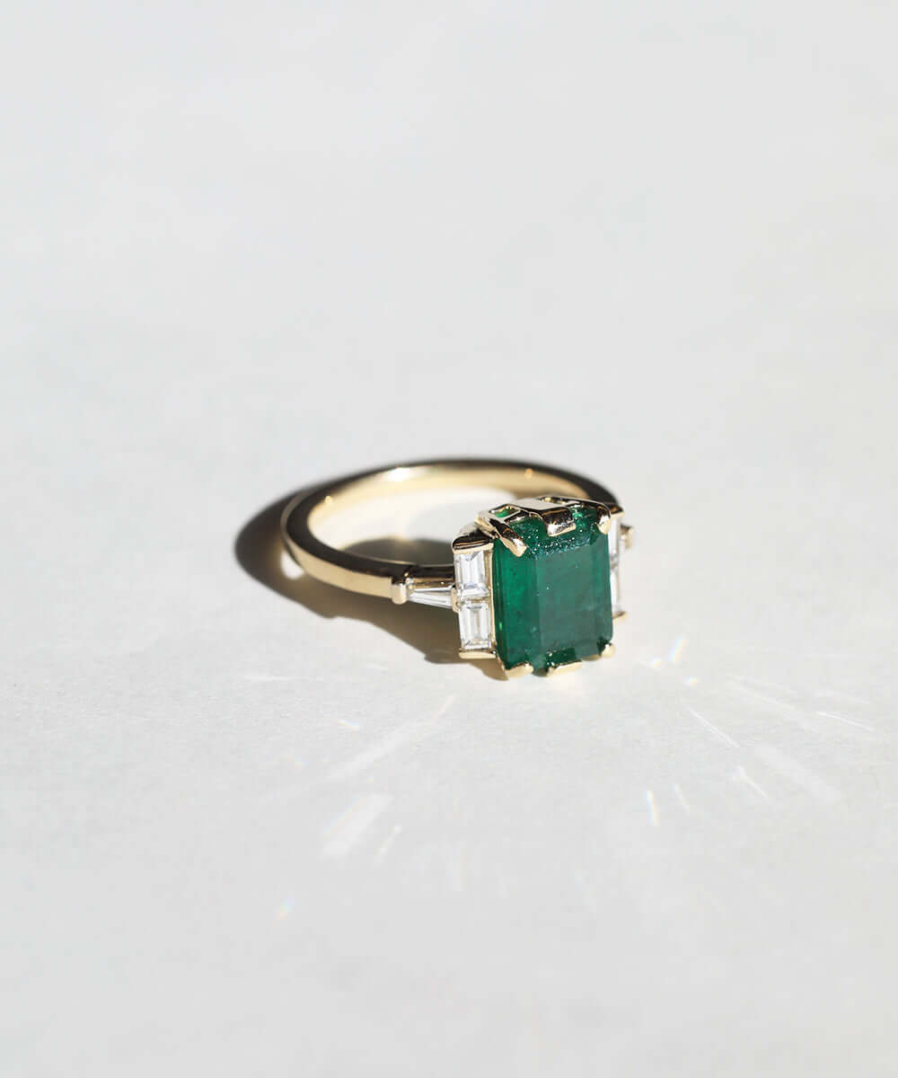 emerald 14k yellow gold white diamond engagement ring