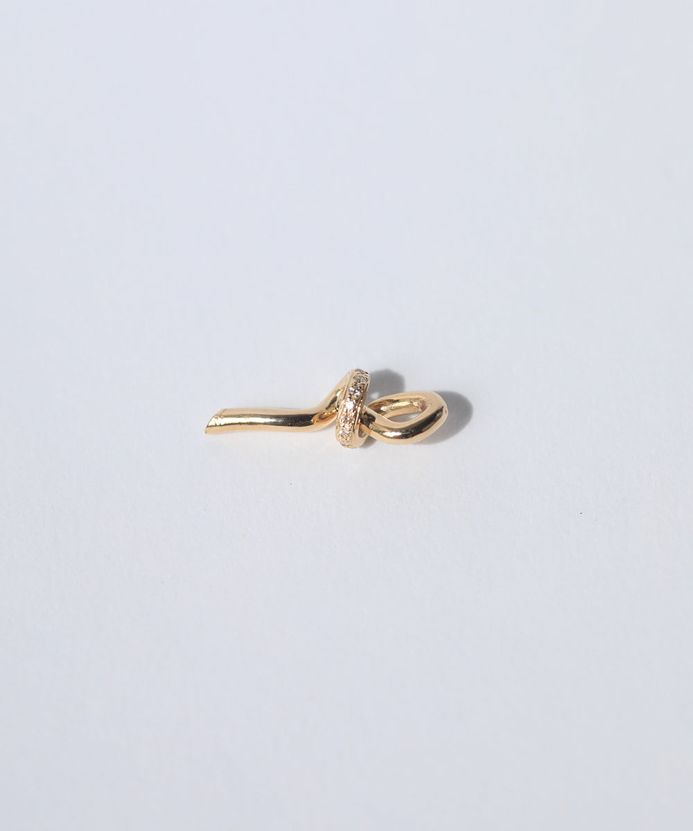 A loose knot pendant hangs from a hinged drop earring in 14k gold with pavé set diamonds.  Knot can also be worn as a pendant.