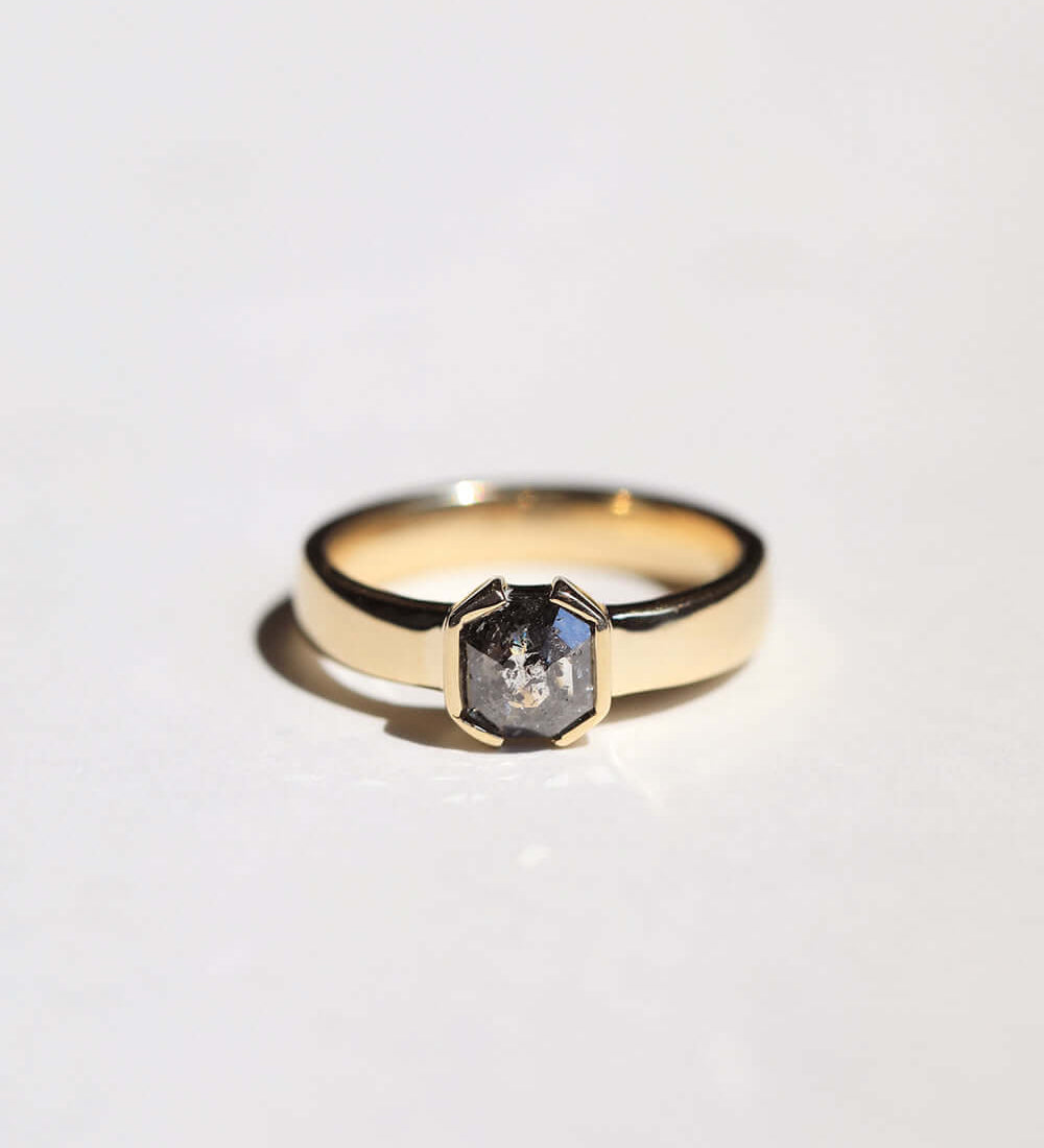 Yellow gold engagement ring mens brooklyn jewelry nyc handcrafted salt & pepper diamond