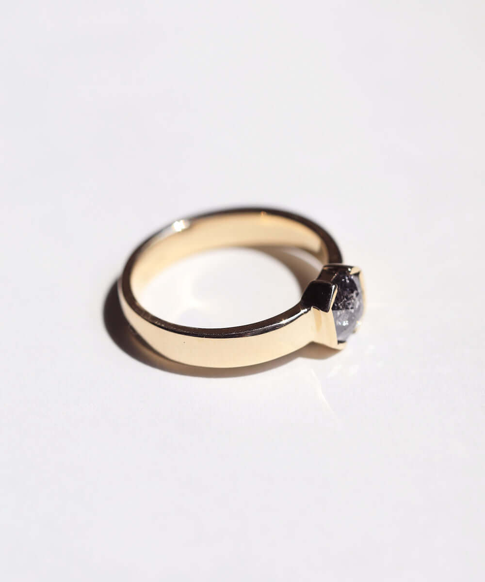 Yellow gold engagement ring mens brooklyn jewelry nyc handcrafted salt & pepper diamond