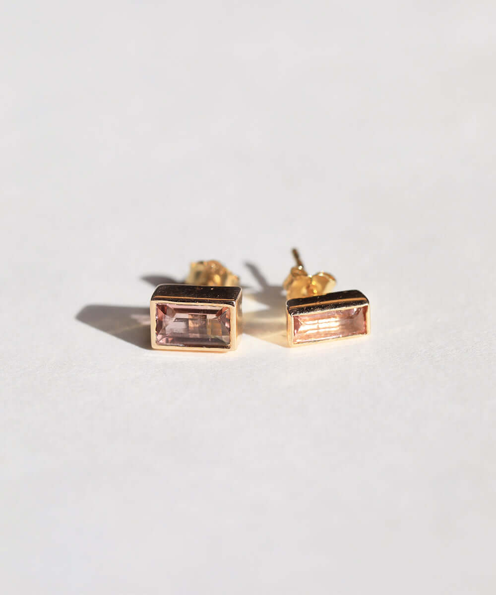 emerald cut tourmaline stud earring 14k yellow gold engagement ring NYC fine jewelry brooklyn NY New York jeweler sustainable ethical greenpoint engagement