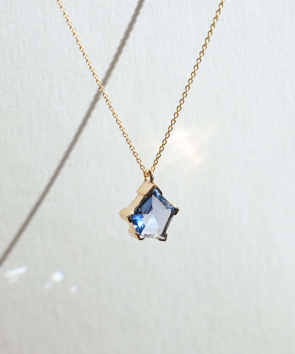 Sapphire 14k yellow gold necklace NYC fine jewelry brooklyn NY New York jeweler sustainable ethical greenpoint engagement