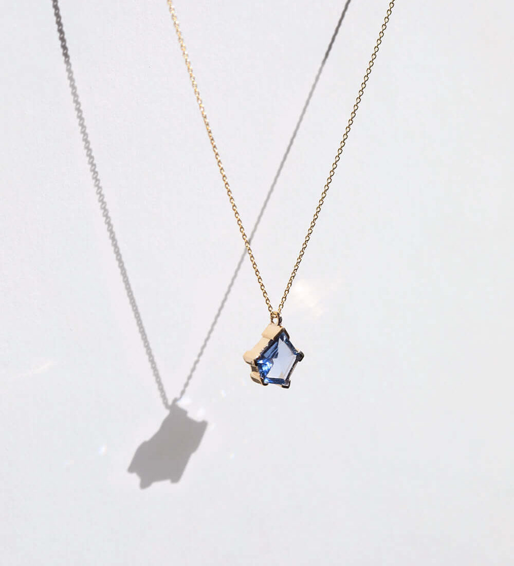 Sapphire 14k yellow gold necklace NYC fine jewelry brooklyn NY New York jeweler sustainable ethical greenpoint engagement