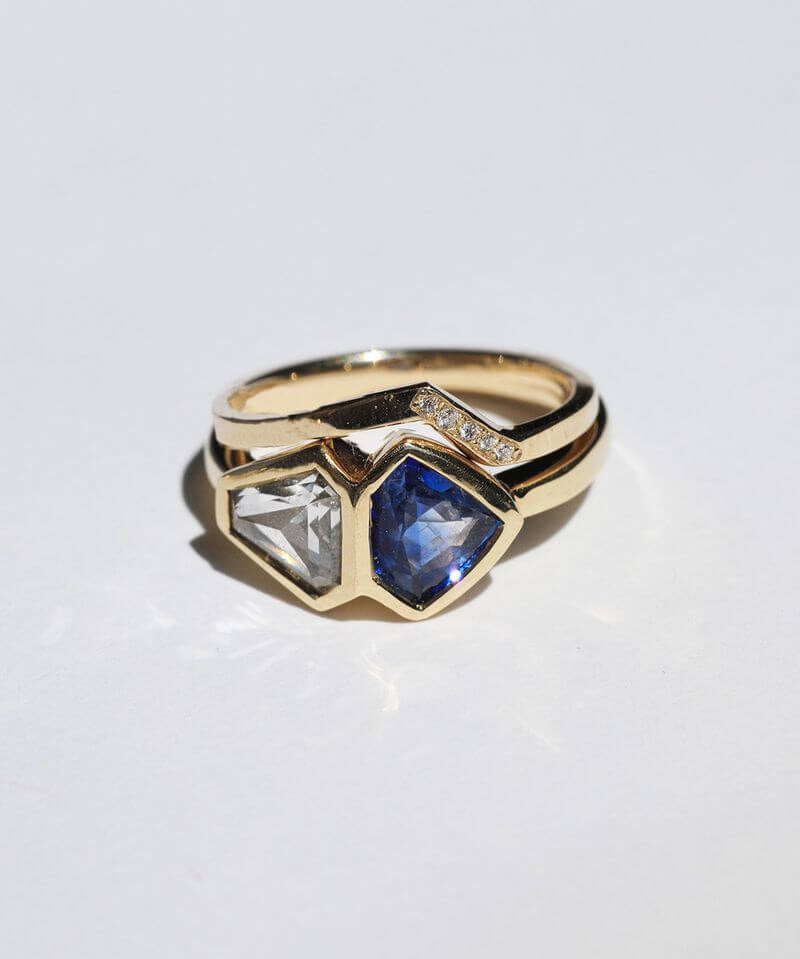 Dual Ring White Diamond Sapphire, 14k Yellow Gold, Brooklyn New York 11222