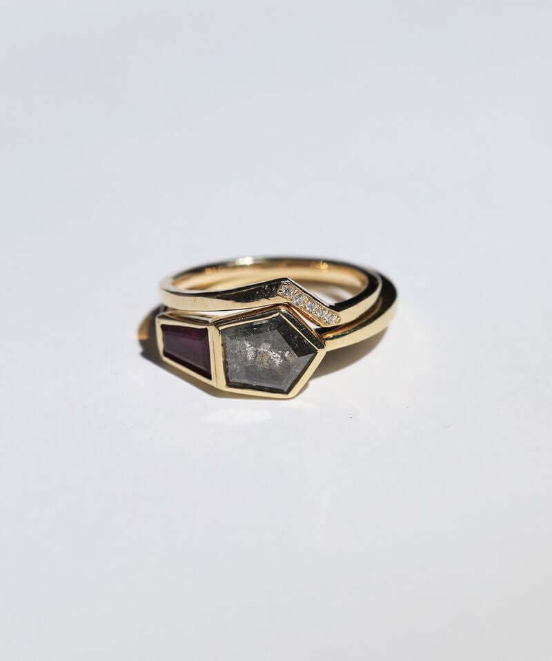 Dual Ring Ruby, Salt & Pepper 14k Yellow Gold Greenpoint Brooklyn NY 