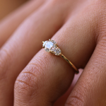 White diamond three stone engagement ring in 14k gold handcrafted macha studio brooklyn new york