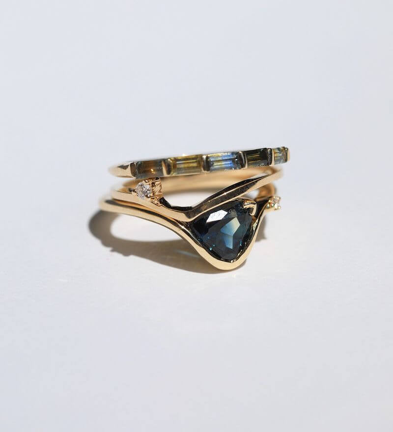 bi- color Sapphire, 14k yellow Gold, Diamond Ring Wedding Band , Broken New York 