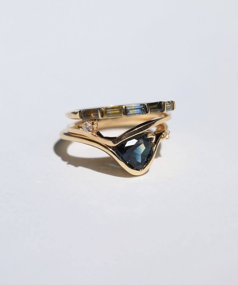 bi- color Sapphire, 14k yellow Gold, Diamond Ring Wedding Band , Broken New York 