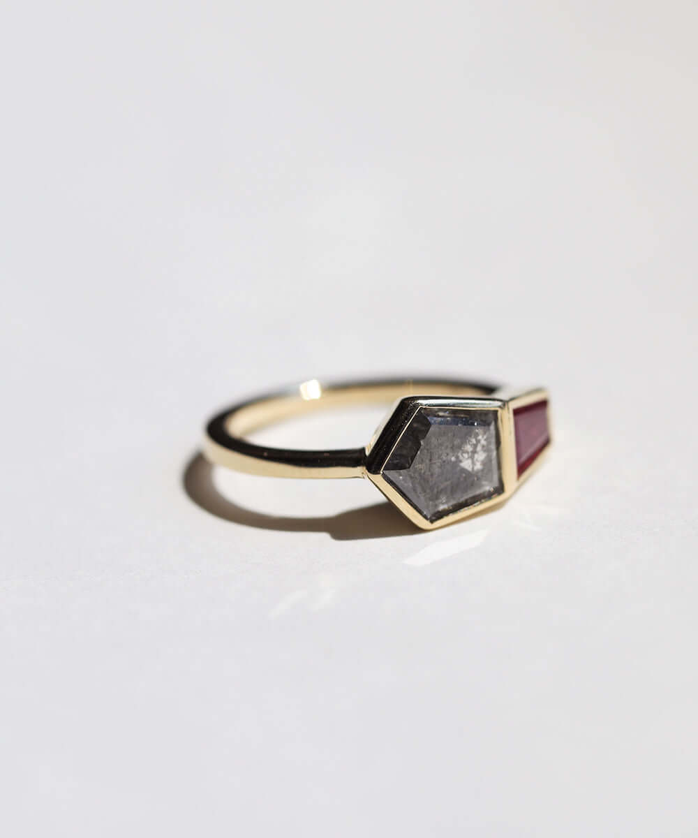 Yellow gold engagement ring mens brooklyn jewelry nyc handcrafted salt and pepper diamond bezel ruby