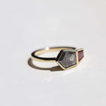 Yellow gold engagement ring mens brooklyn jewelry nyc handcrafted salt and pepper diamond bezel ruby