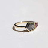 Yellow gold engagement ring mens brooklyn jewelry nyc handcrafted salt and pepper diamond bezel ruby