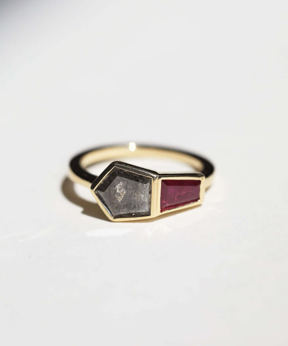 Yellow gold engagement ring mens brooklyn jewelry nyc handcrafted salt and pepper diamond bezel ruby