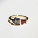 Yellow gold engagement ring mens brooklyn jewelry nyc handcrafted salt and pepper diamond bezel ruby