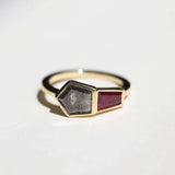Yellow gold engagement ring mens brooklyn jewelry nyc handcrafted salt and pepper diamond bezel ruby