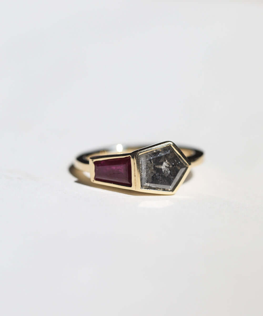 Yellow gold engagement ring mens brooklyn jewelry nyc handcrafted salt and pepper diamond bezel ruby