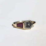 Yellow gold engagement ring mens brooklyn jewelry nyc handcrafted salt and pepper diamond bezel ruby