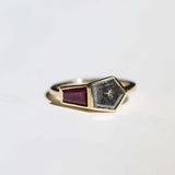 Yellow gold engagement ring mens brooklyn jewelry nyc handcrafted salt and pepper diamond bezel ruby