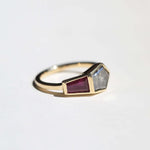 Yellow gold engagement ring mens brooklyn jewelry nyc handcrafted salt and pepper diamond bezel ruby
