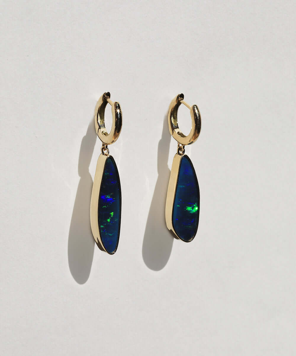 opal hoop stone earring dangle huggie 14k yellow gold NYC fine jewelry brooklyn NY New York jeweler sustainable ethical greenpoint engagement
