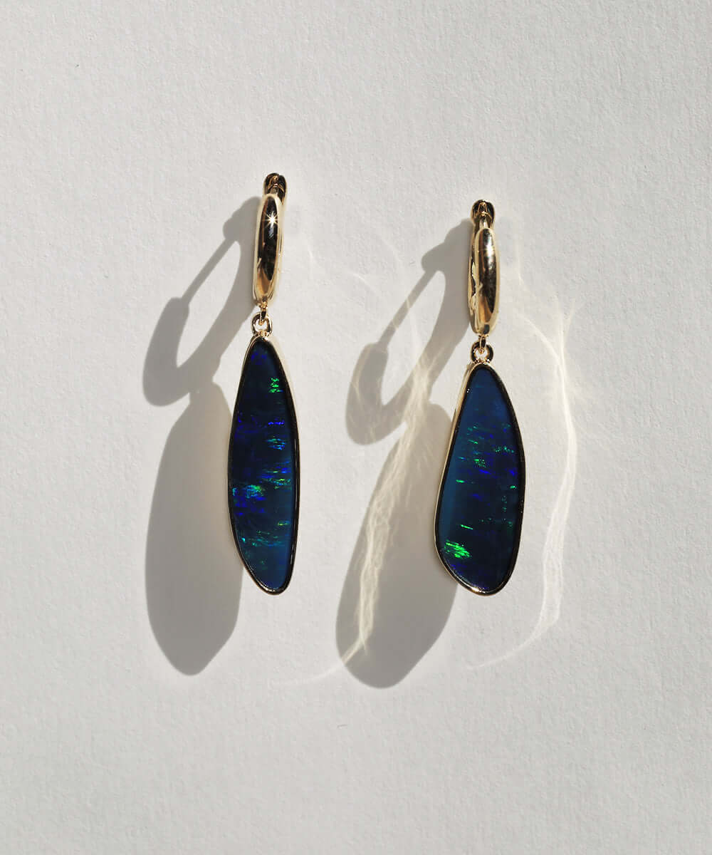 opal hoop stone earring dangle huggie 14k yellow gold NYC fine jewelry brooklyn NY New York jeweler sustainable ethical greenpoint engagement