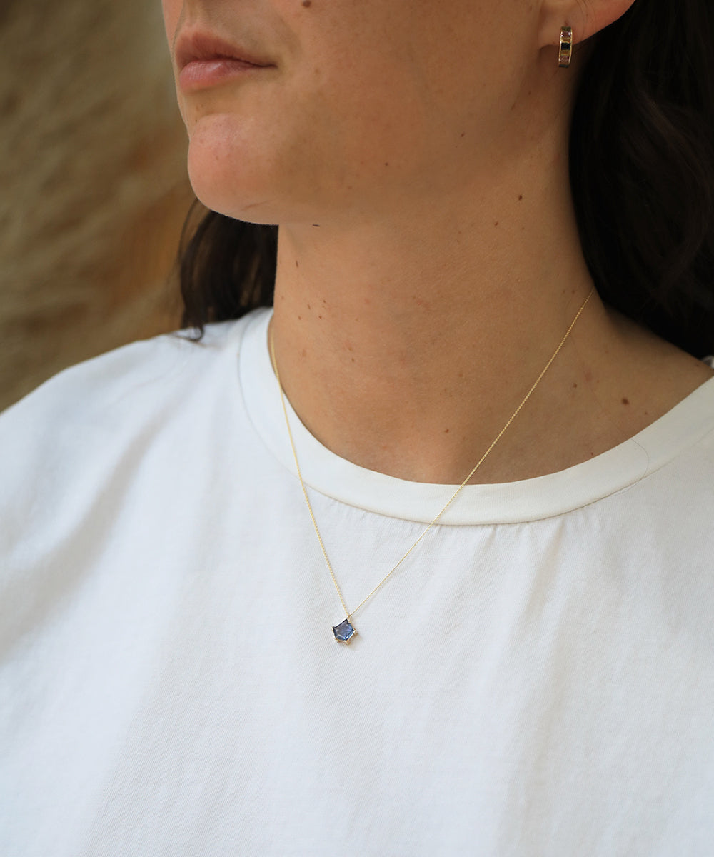 Sapphire 14k yellow gold necklace NYC fine jewelry brooklyn NY New York jeweler sustainable ethical greenpoint engagement